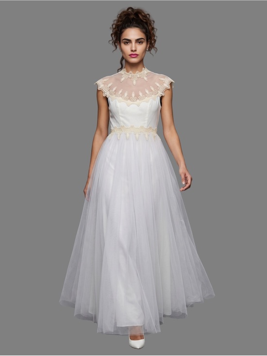 Vintage Dresses & Skirts - VINTAGE Ivory White Sleeveless Evening gown Lace trim Sheer High neckline Luxe